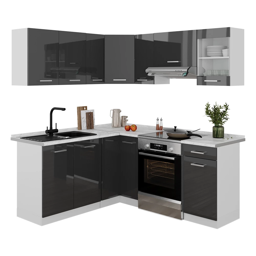 Hoekkeuken in Antraciet hoogglans/wit on white background with decorative elements