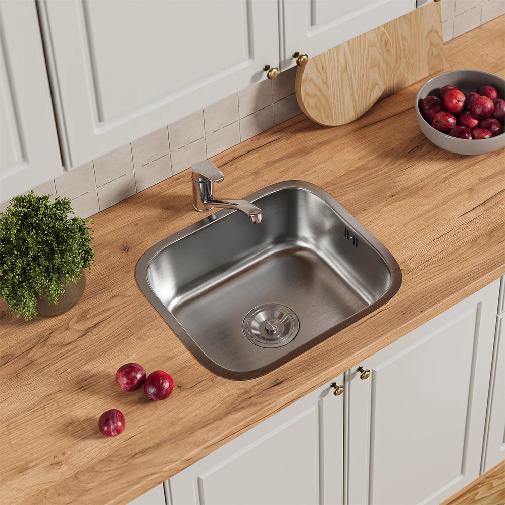 Spoelbak Flova Staal 39 x 44 cm Set met kraan, inlaat en uitlaat Vicco