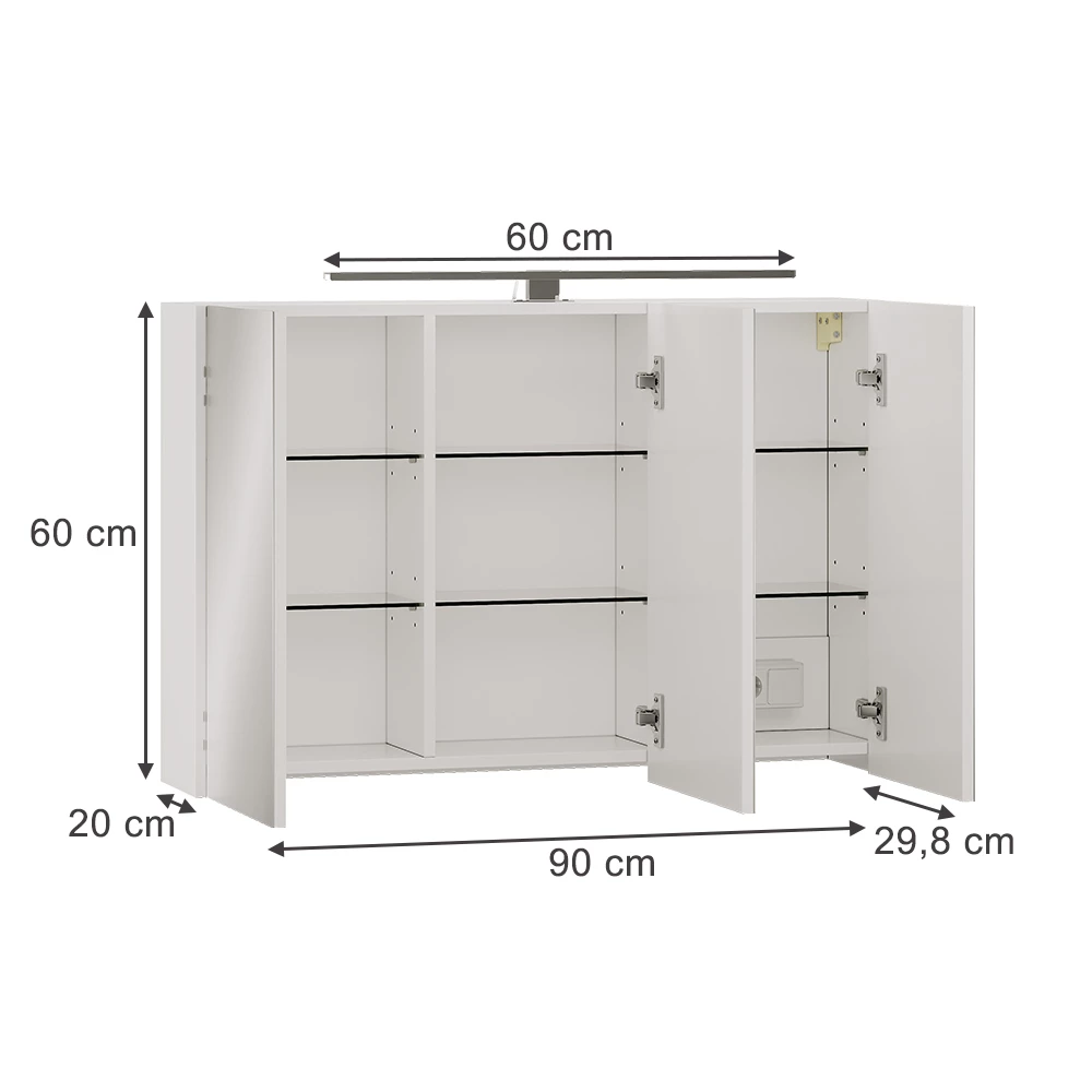 Specchio contenitore bagno in Bianco su sfondo bianco con dimensioni visibili