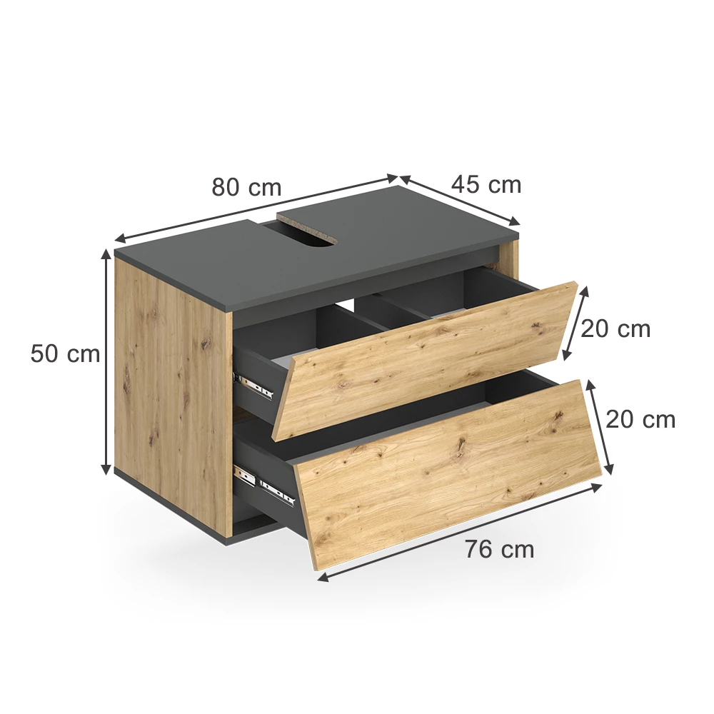 Mobile sottolavabo per bagno in Antracite/Artisan su sfondo bianco con dimensioni visibili