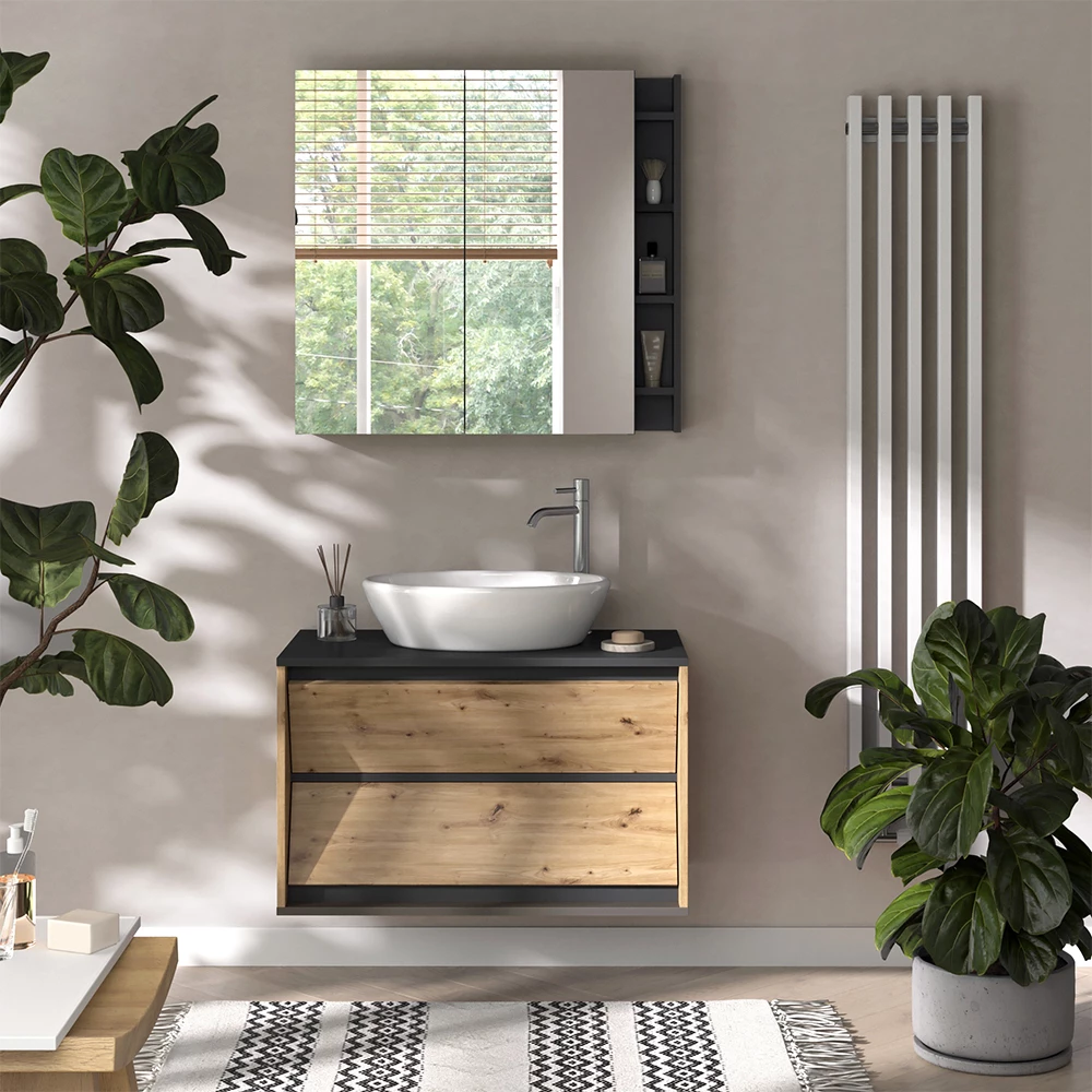 Waschbeckenunterschrank in Anthrazit/Artisan, dargestellt im Ambiente mit Dekoration