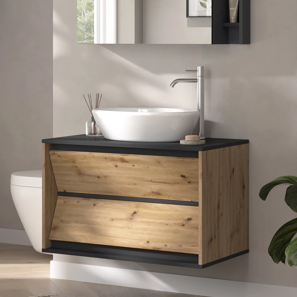 Primo piano di Mobile sottolavabo per bagno in Antracite/Artisan, mostrando design e dettagli della superficie