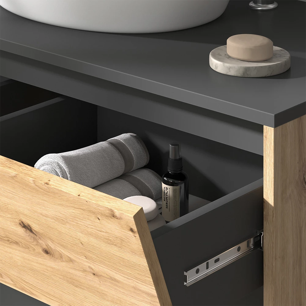 Close-up van Wastafelonderkast in Antraciet/Artisan, met textuur/details