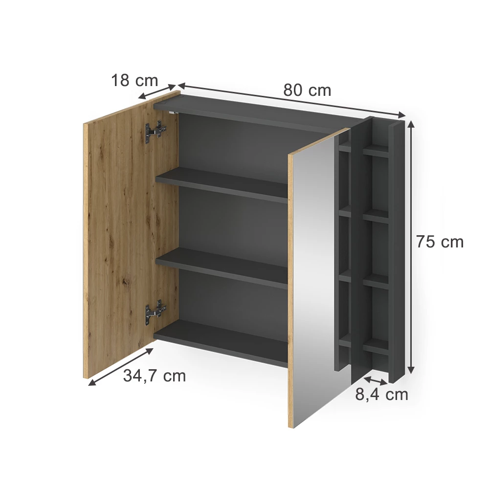 Badspiegelschrank in Anthrazit/Artisan auf weißem Hintergrund mit sichtbaren Maßen