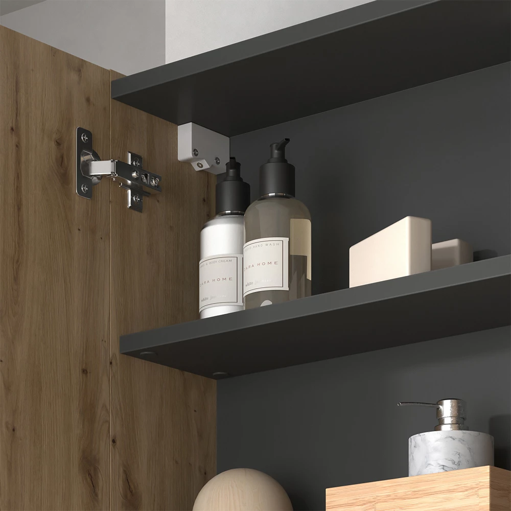 Nahaufnahme von Badspiegelschrank in Anthrazit/Artisan, zeigt Textur/Details