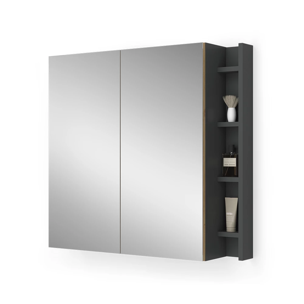 Badspiegelschrank in Anthrazit/Artisan auf weißem Hintergrund mit dekorativen Elementen