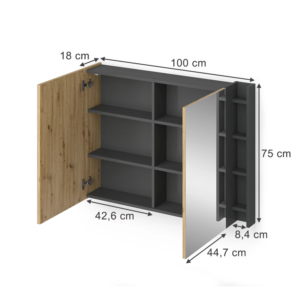 Armoire de toilette en Anthracite/Artisan sur fond blanc avec dimensions visibles