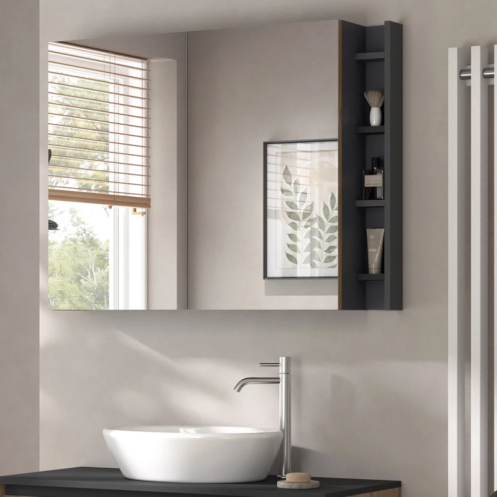 Gros plan de Armoire de toilette en Anthracite/Artisan, montrant le design et les détails de surface