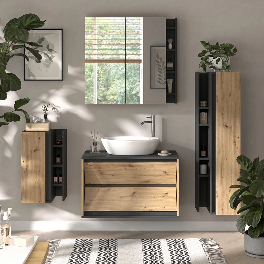 Halfhoge kast in Antraciet/Artisan, getoond in een sfeervolle omgeving met decoratie