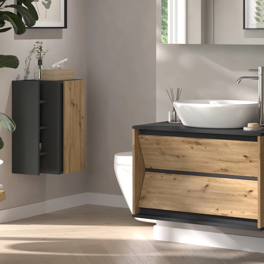 Primo piano di mobiletto bagno in Antracite/Artisan, mostrando design e dettagli della superficie