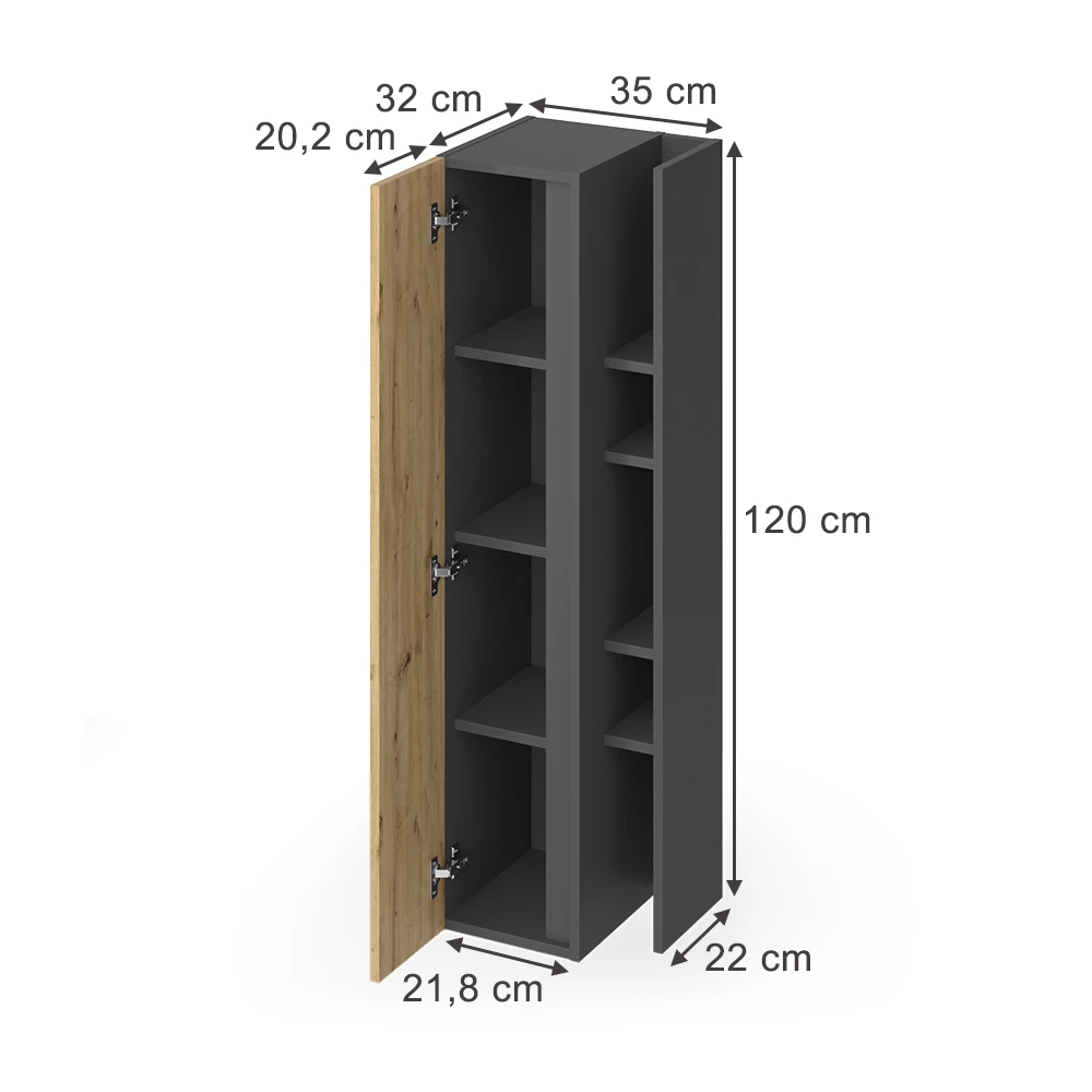 Badkamerkast in Antraciet/Artisan op een witte achtergrond met zichtbare afmetingen