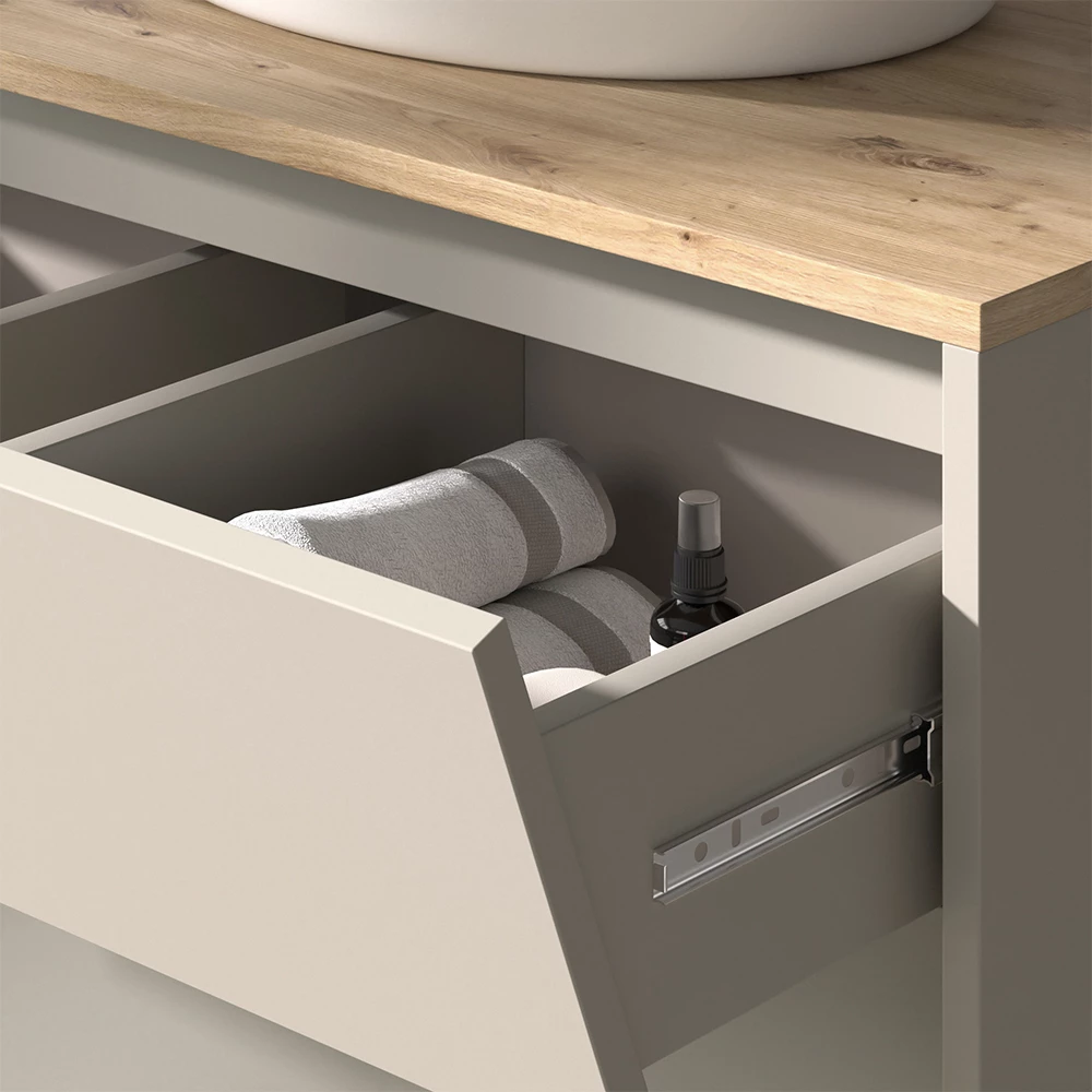 Close-up van Wastafelonderkast in Kasjmier, met textuur/details