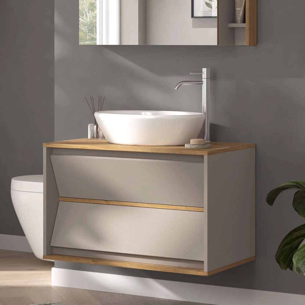 Close-up van Wastafelonderkast in Kasjmier, met ontwerp- en oppervlakte-details