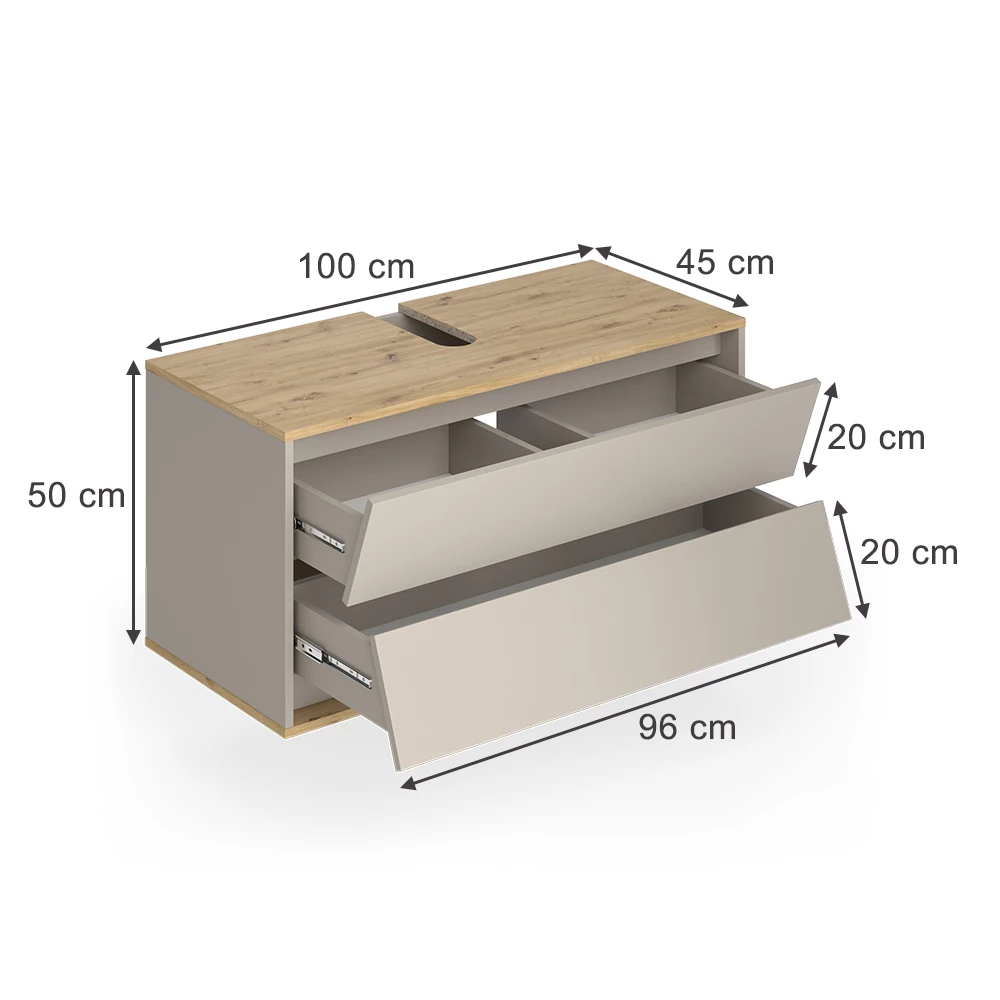 Mobile sottolavabo per bagno in Cachemire su sfondo bianco con dimensioni visibili