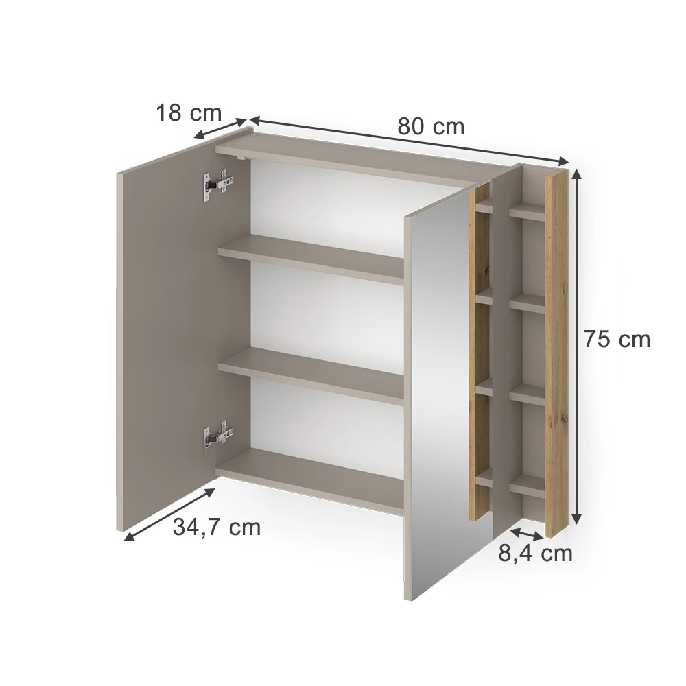 Badkamerspiegelkast in Kasjmier op een witte achtergrond met zichtbare afmetingen
