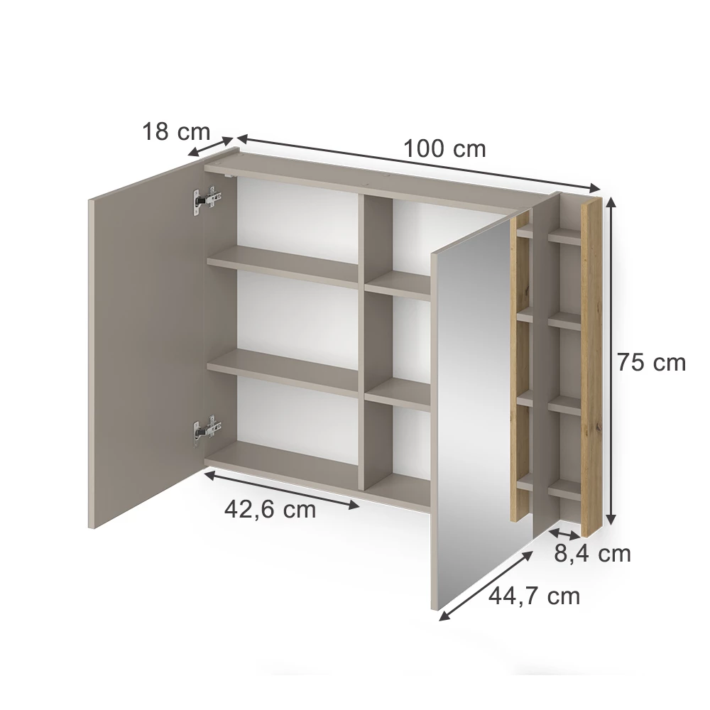 Badkamerspiegelkast in Kasjmier op een witte achtergrond met zichtbare afmetingen