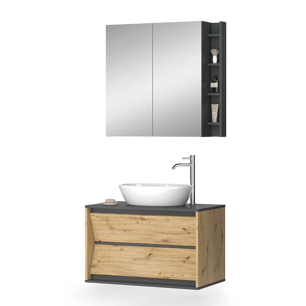 Badmöbel-Set in Anthrazit/Artisan auf weißem Hintergrund mit dekorativen Elementen