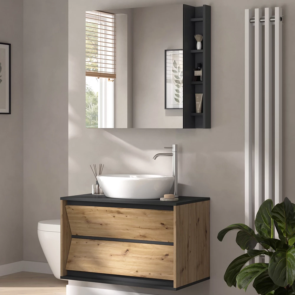 Nahaufnahme von Badmöbel-Set in Anthrazit/Artisan, zeigt Design- und Oberflächendetails