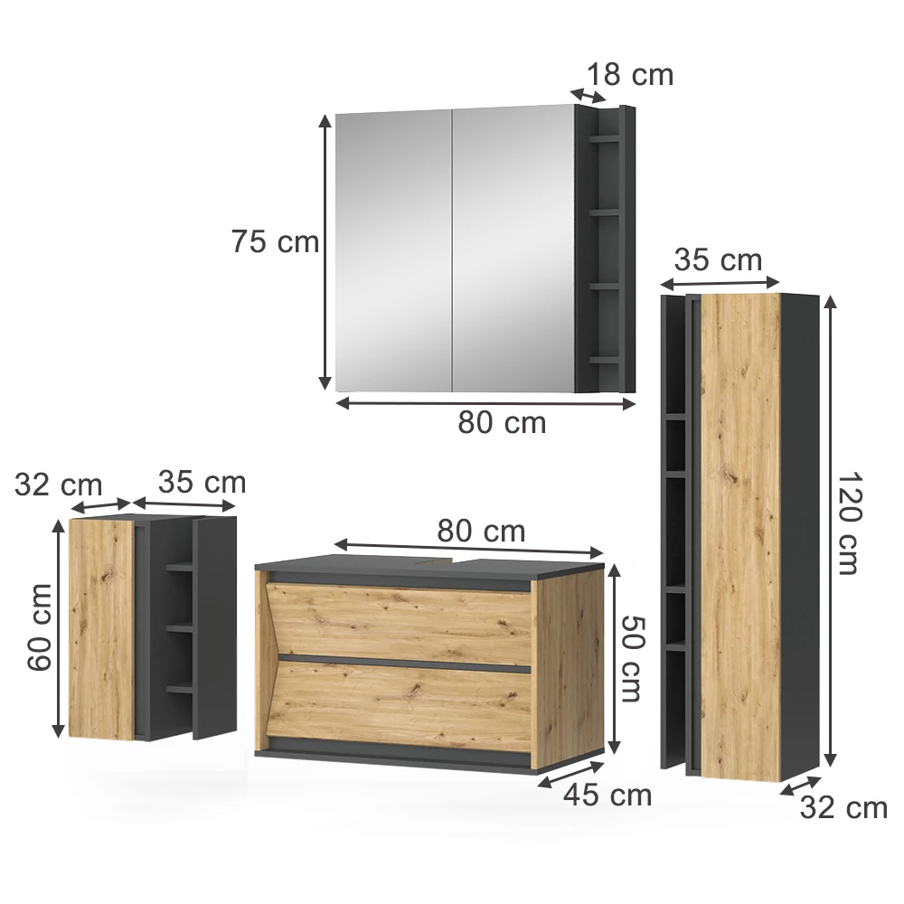 Badkamermeubelset in Antraciet/Artisan on white background with visible dimensions