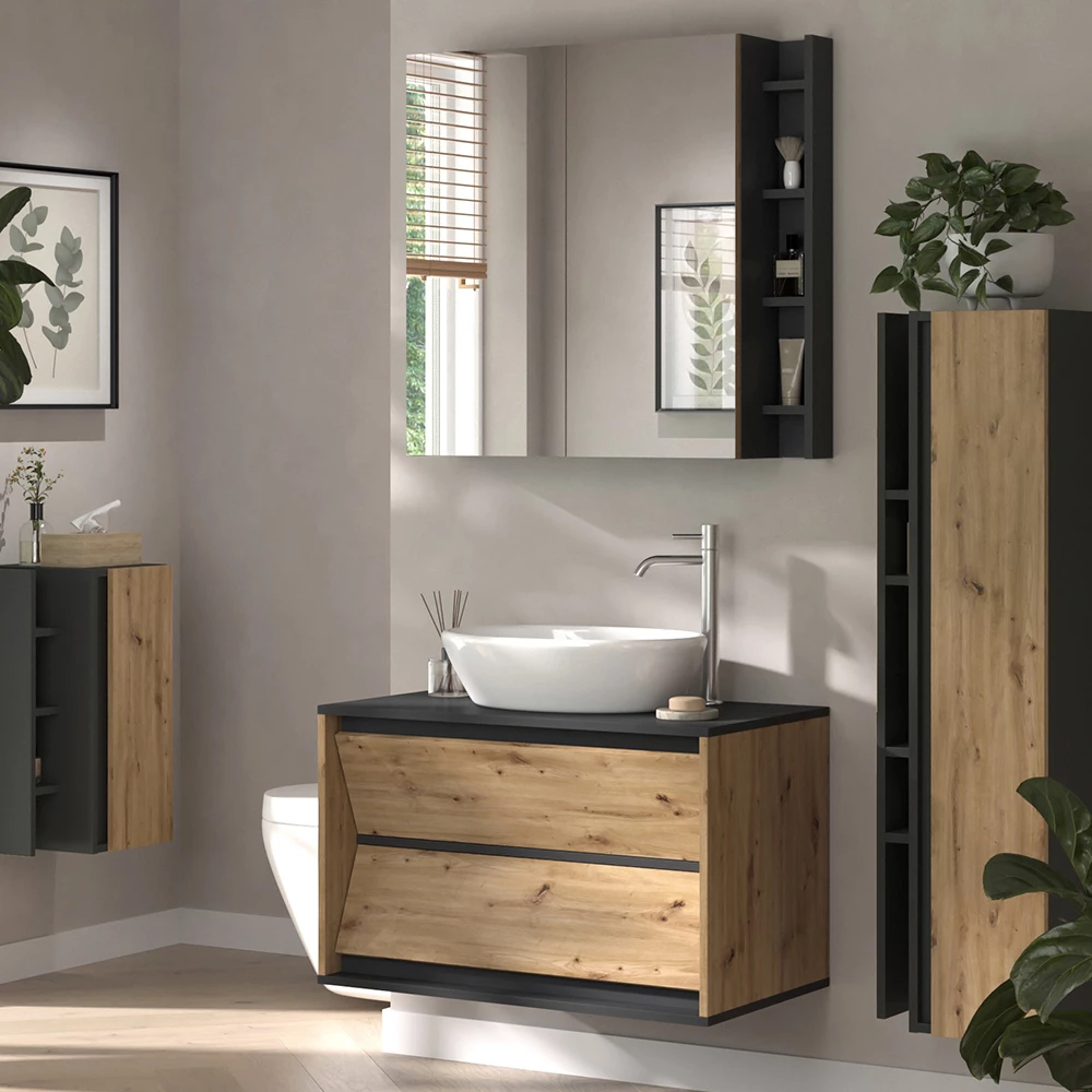 Close-up of Badkamermeubelset in Antraciet/Artisan, showing design and surface details