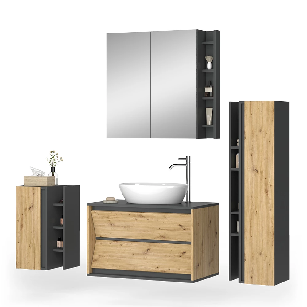 Badkamermeubelset in Antraciet/Artisan on white background with decorative elements