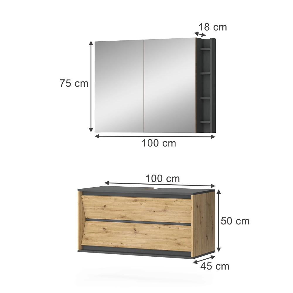 Badmöbel-Set in Anthrazit/Artisan auf weißem Hintergrund mit sichtbaren Maßen