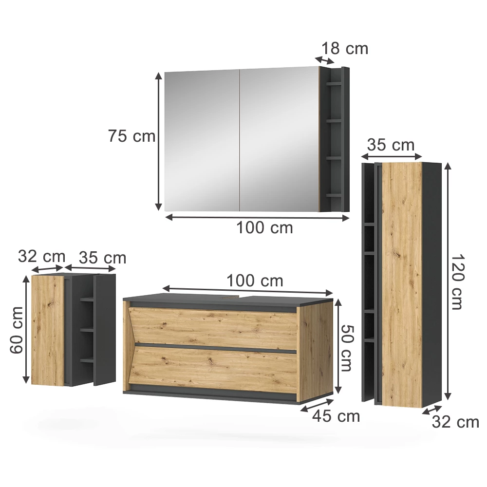 Badmöbel-Set in Anthrazit/Artisan auf weißem Hintergrund mit sichtbaren Maßen