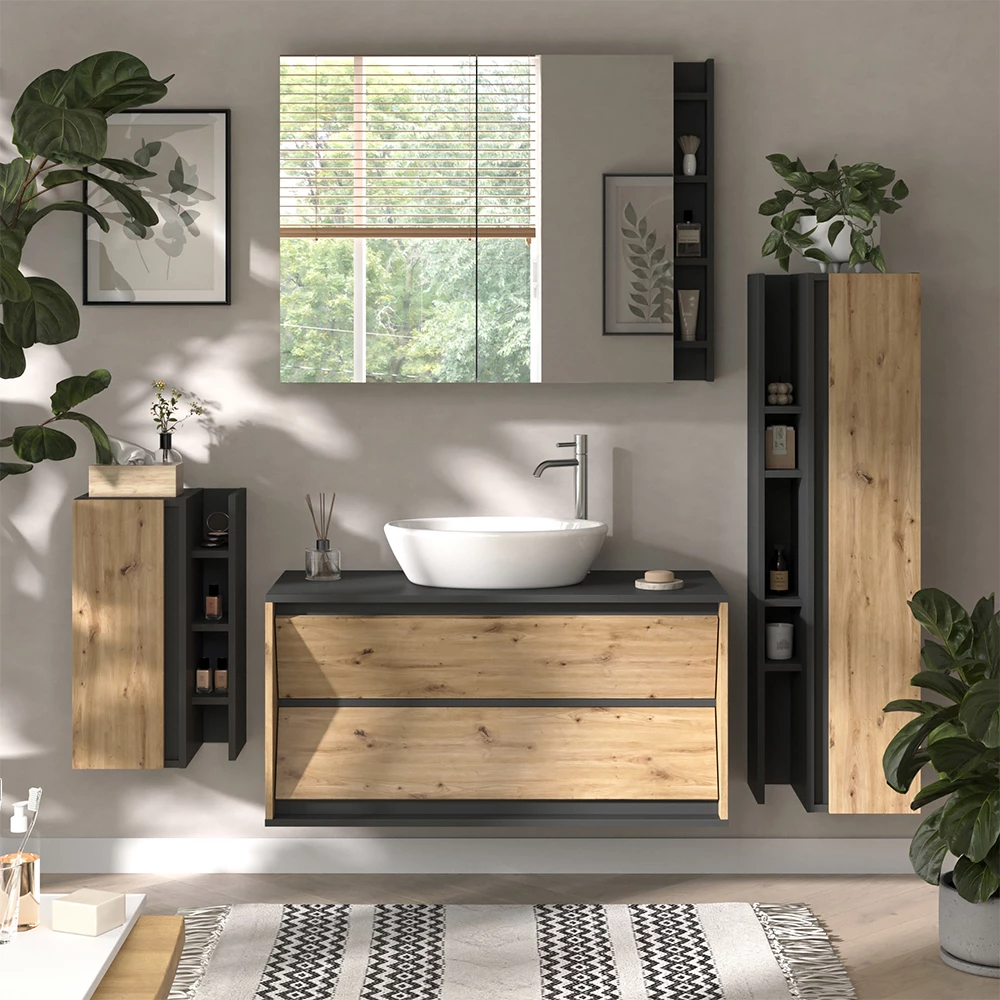 Badmöbel-Set in Anthrazit/Artisan, dargestellt im Ambiente mit Dekoration