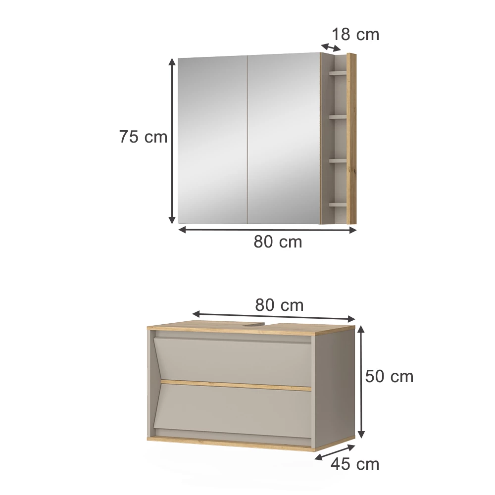 Badmöbel-Set in Cashmere auf weißem Hintergrund mit sichtbaren Maßen