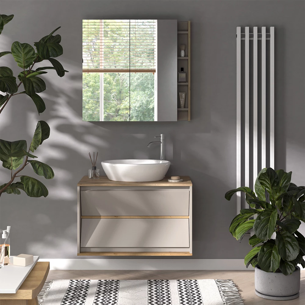 Badmöbel-Set in Cashmere, dargestellt im Ambiente mit Dekoration