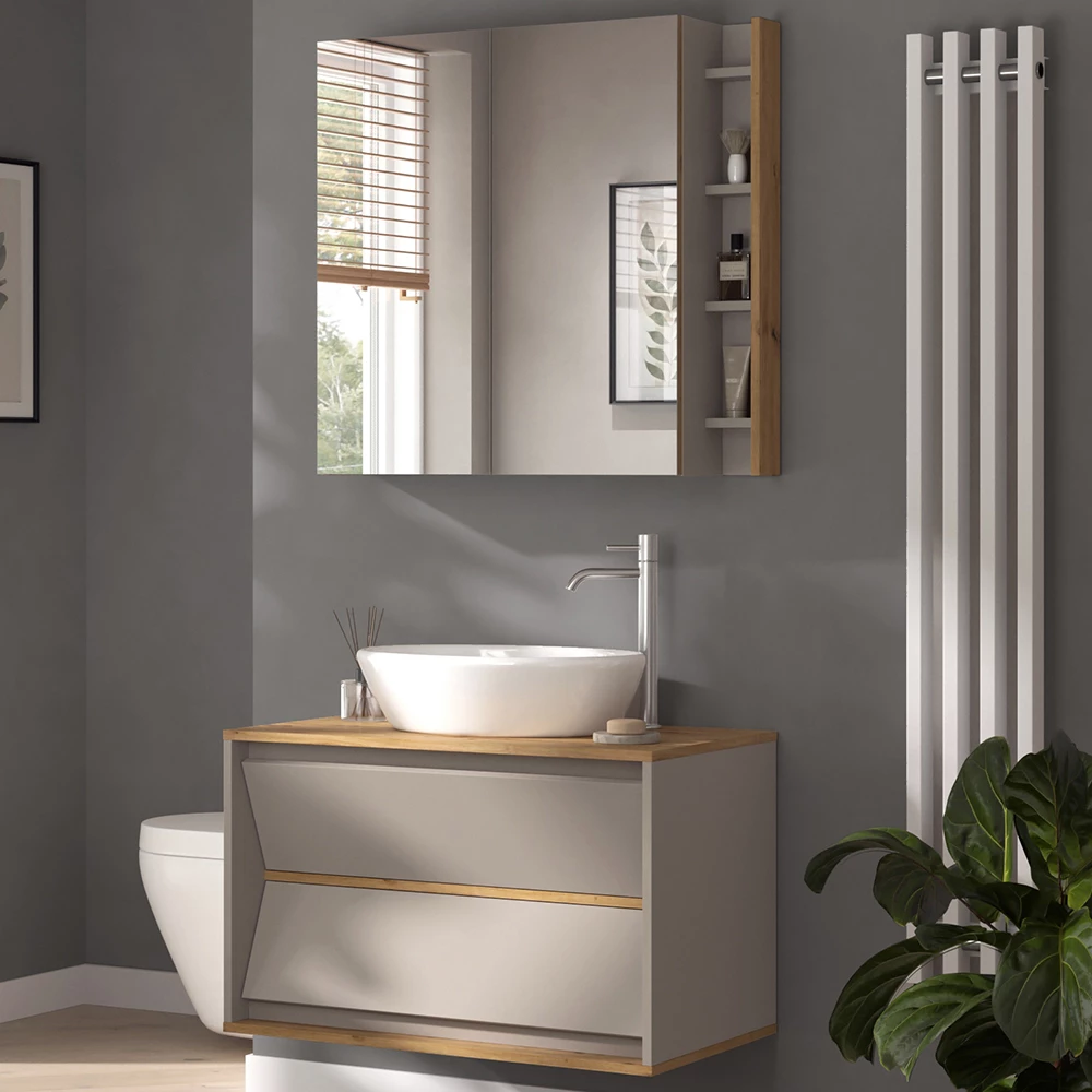 Nahaufnahme von Badmöbel-Set in Cashmere, zeigt Design- und Oberflächendetails