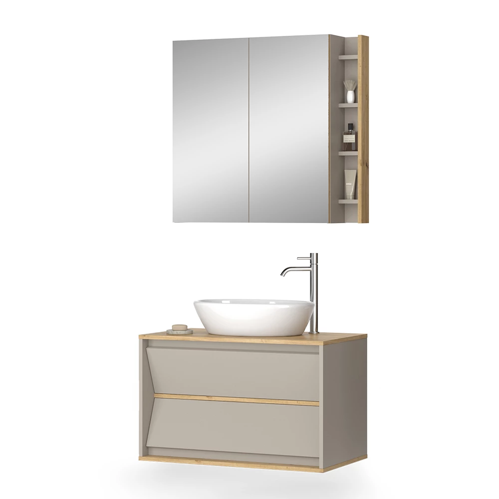 Badmöbel-Set in Cashmere auf weißem Hintergrund mit dekorativen Elementen