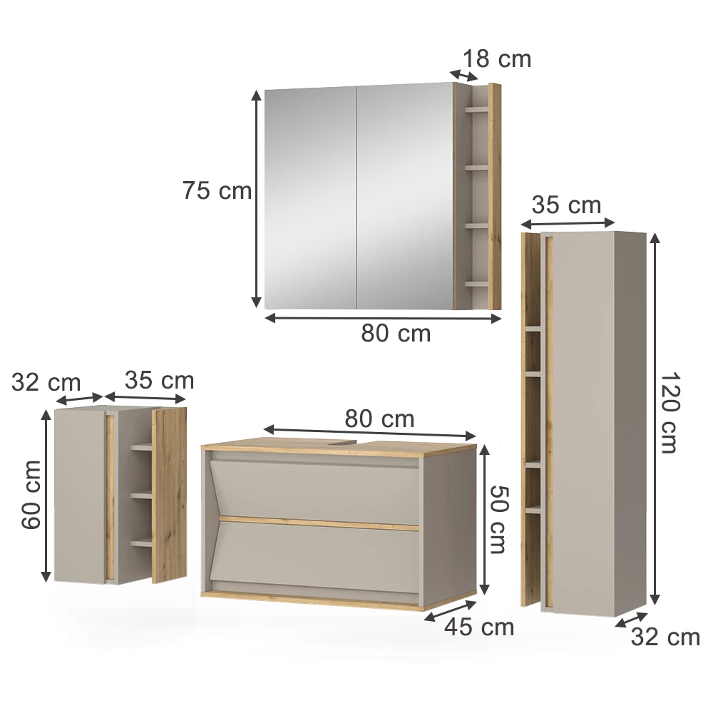 Badmöbel-Set in Cashmere auf weißem Hintergrund mit sichtbaren Maßen