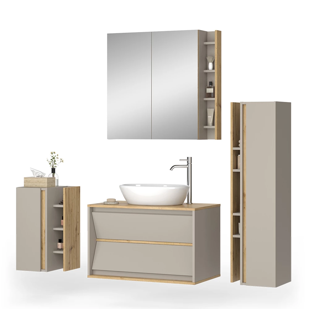 Badmöbel-Set in Cashmere auf weißem Hintergrund mit dekorativen Elementen