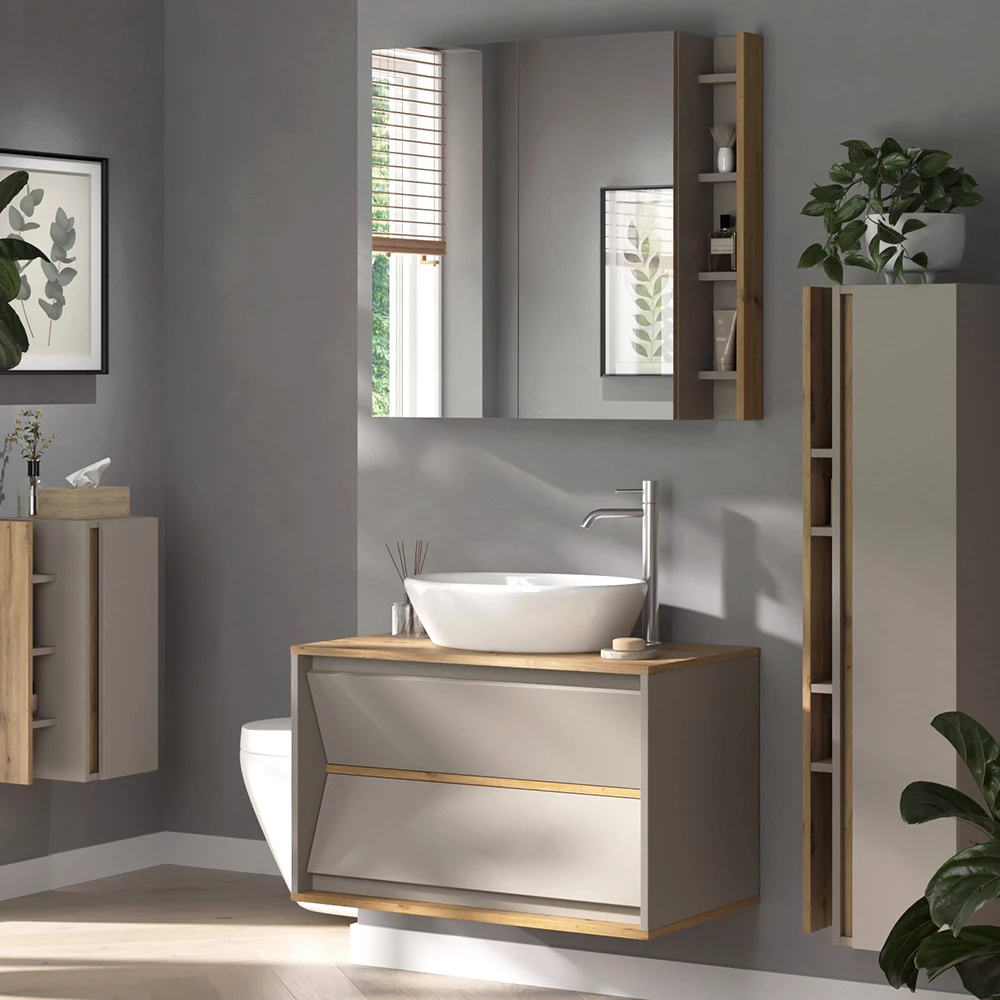 Nahaufnahme von Badmöbel-Set in Cashmere, zeigt Design- und Oberflächendetails