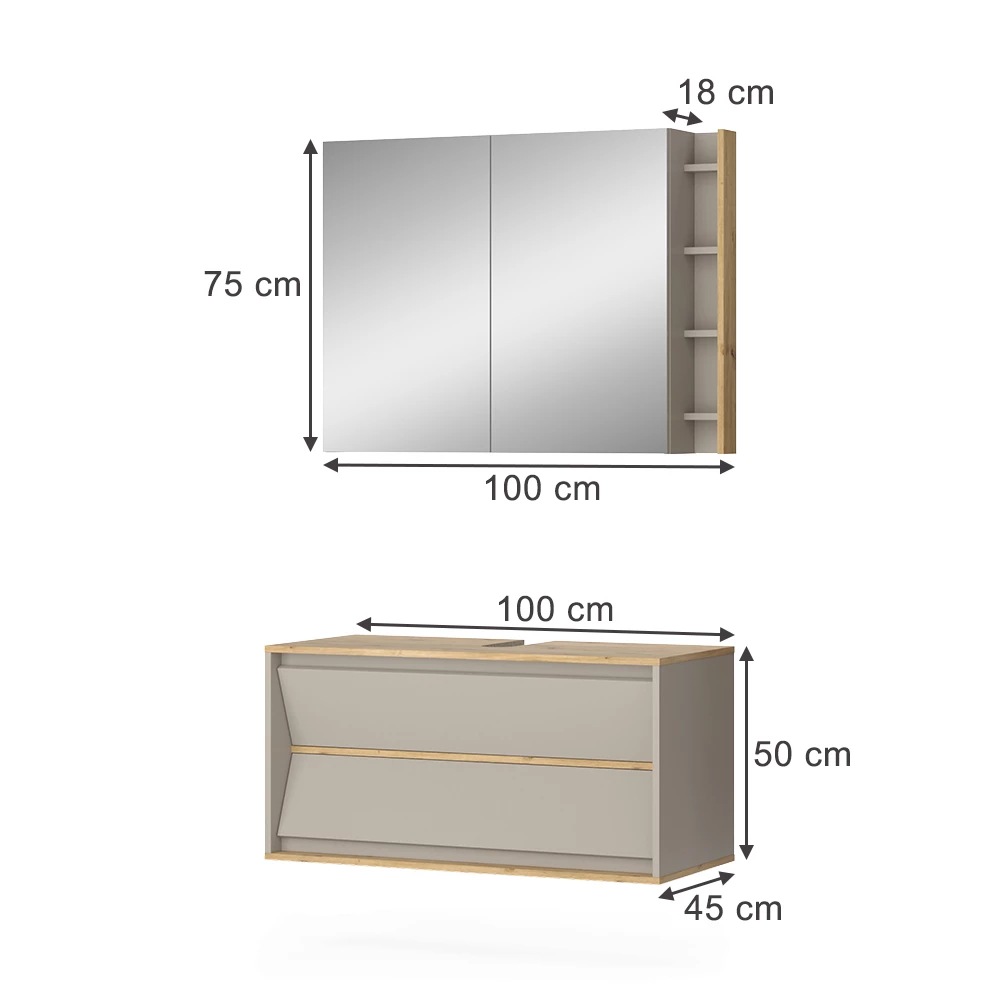 Badmöbel-Set in Cashmere auf weißem Hintergrund mit sichtbaren Maßen
