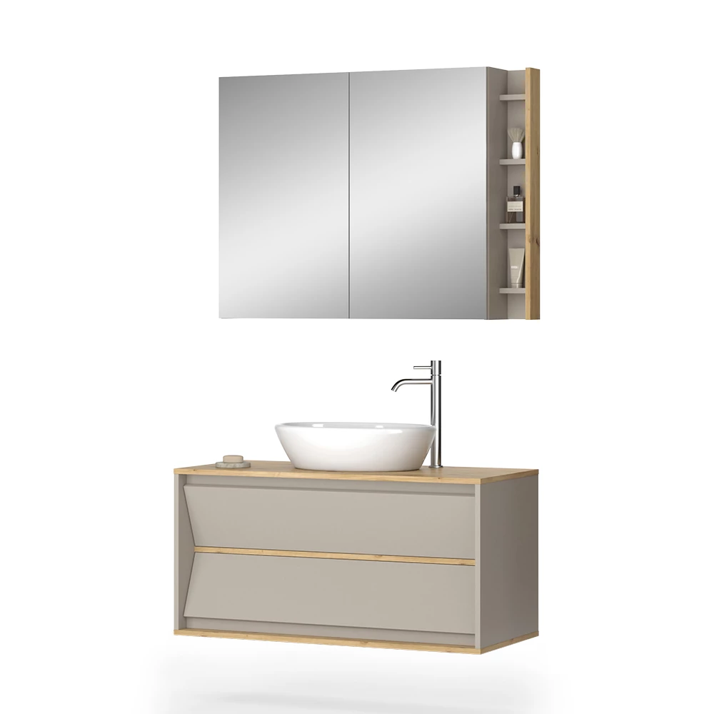 Badmöbel-Set in Cashmere auf weißem Hintergrund mit dekorativen Elementen