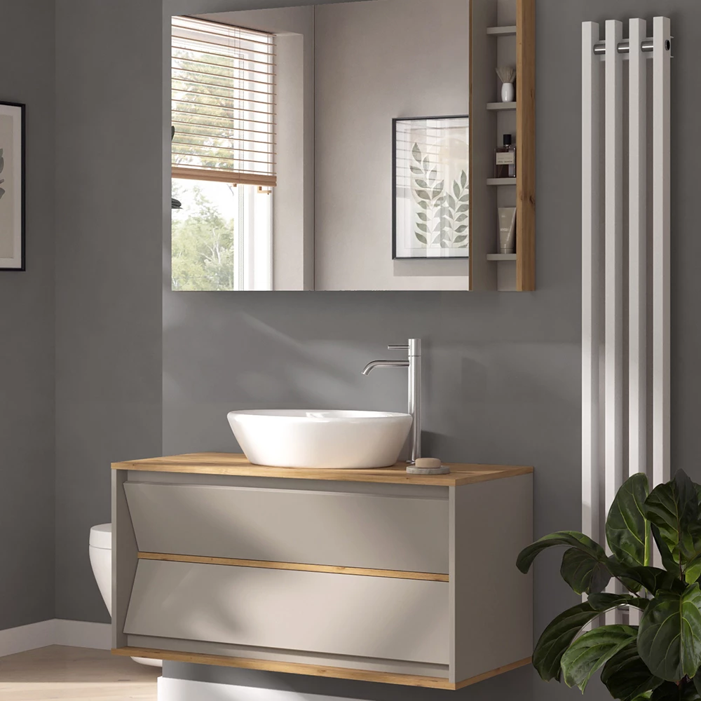 Nahaufnahme von Badmöbel-Set in Cashmere, zeigt Design- und Oberflächendetails