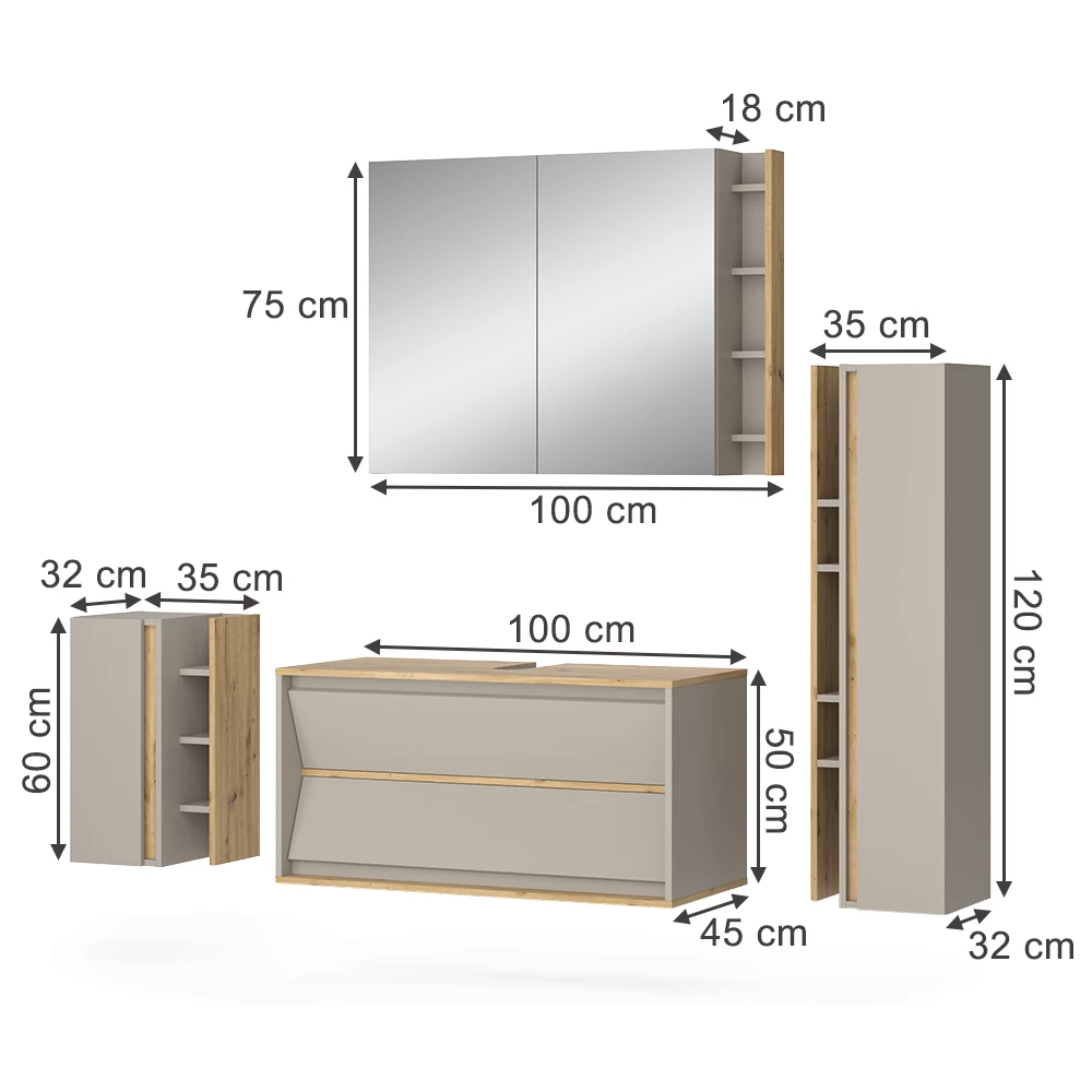 Badmöbel-Set in Cashmere auf weißem Hintergrund mit sichtbaren Maßen