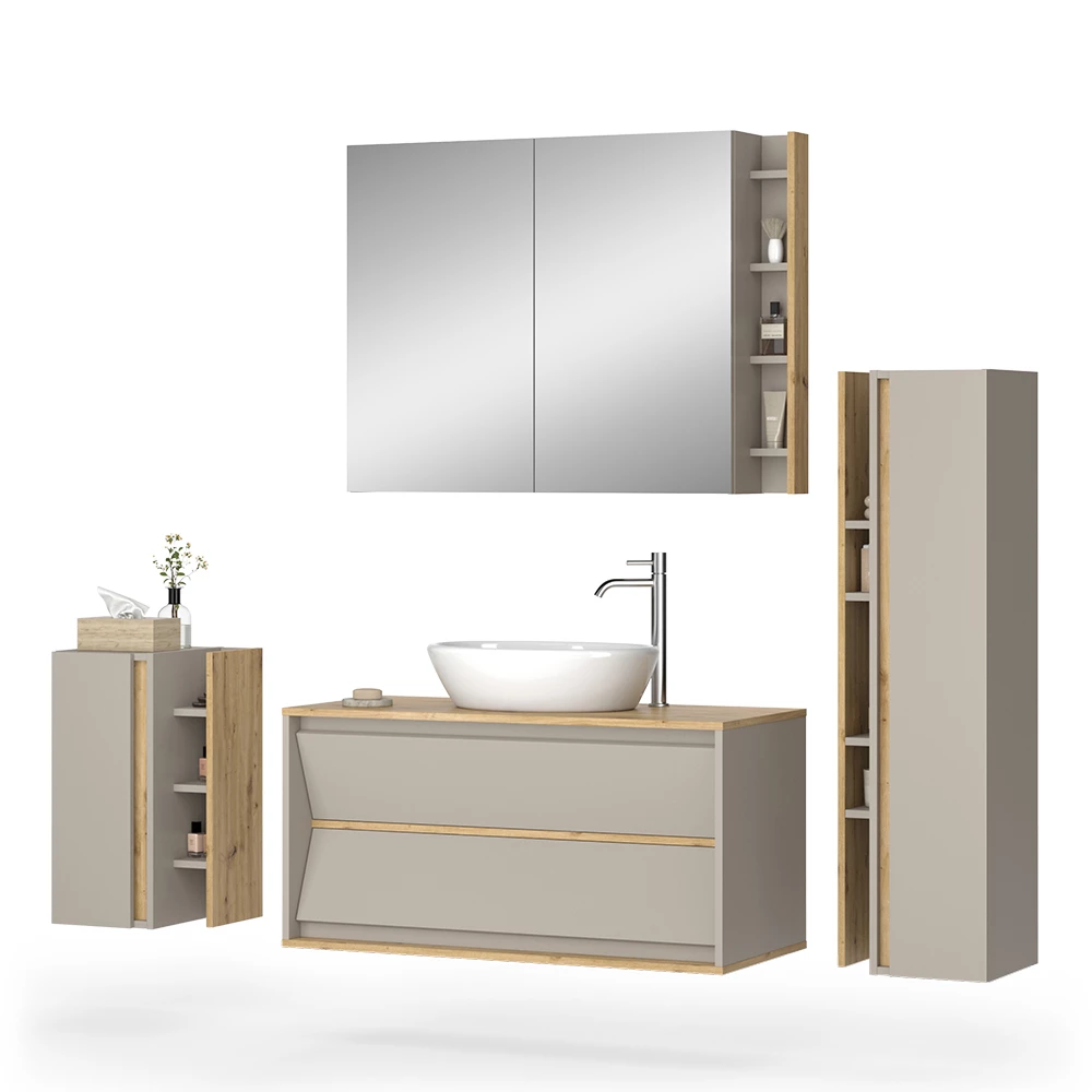 Badmöbel-Set in Cashmere auf weißem Hintergrund mit dekorativen Elementen