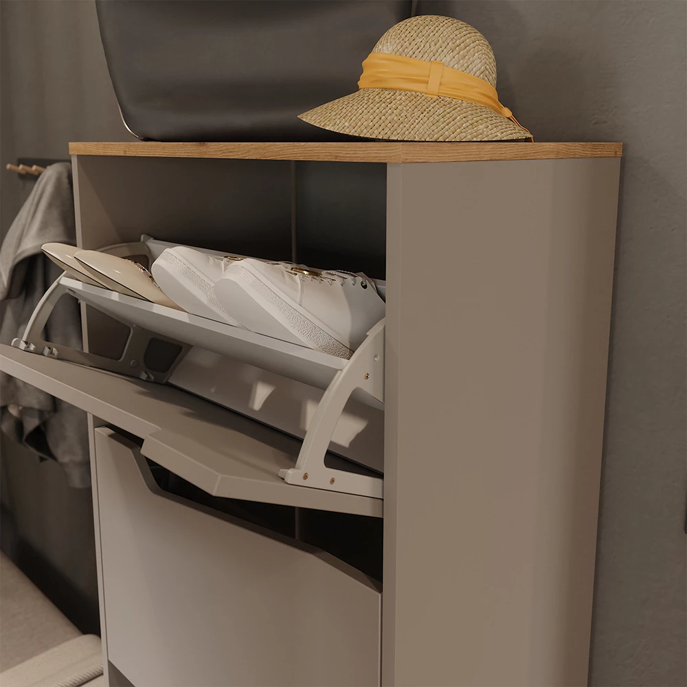 Nærbillede af Skotipper i farven Greige/Artisan eg, der viser struktur/detaljer