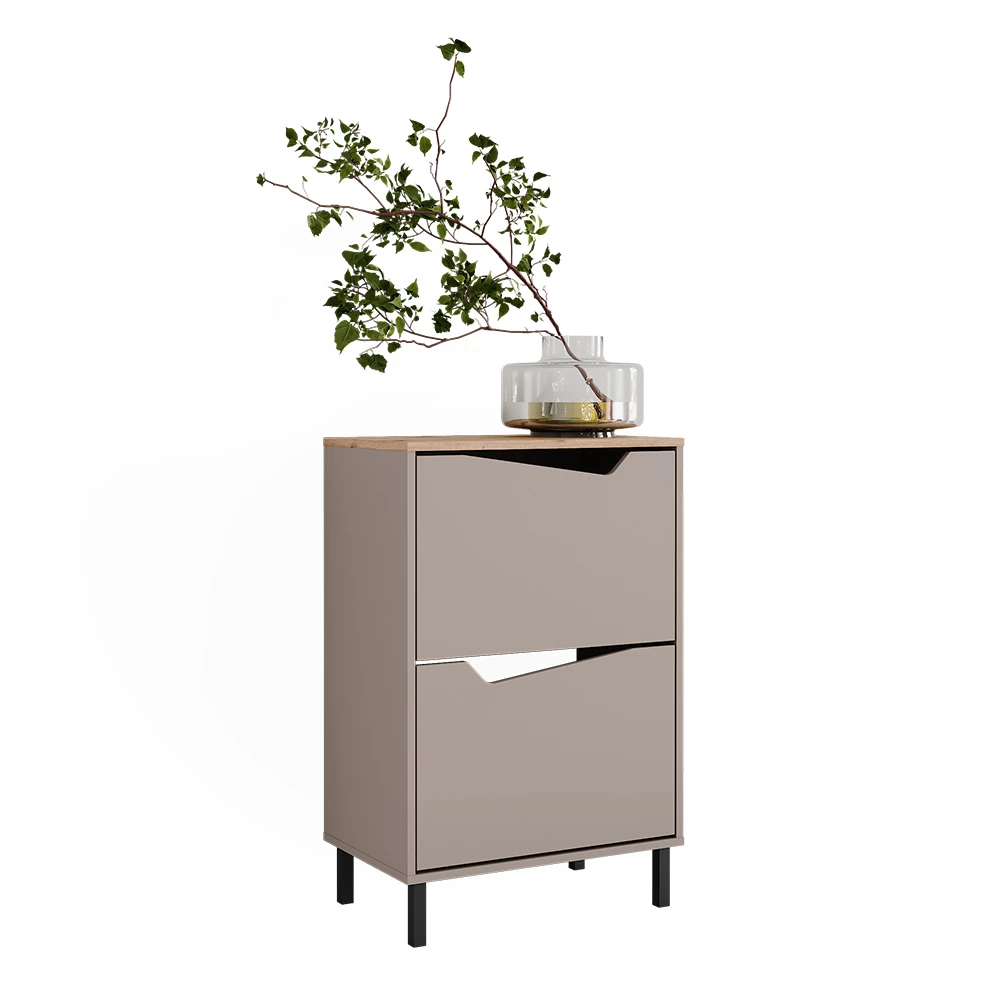 Skotipper i farven Greige/Artisan eg på hvid baggrund med dekorative elementer