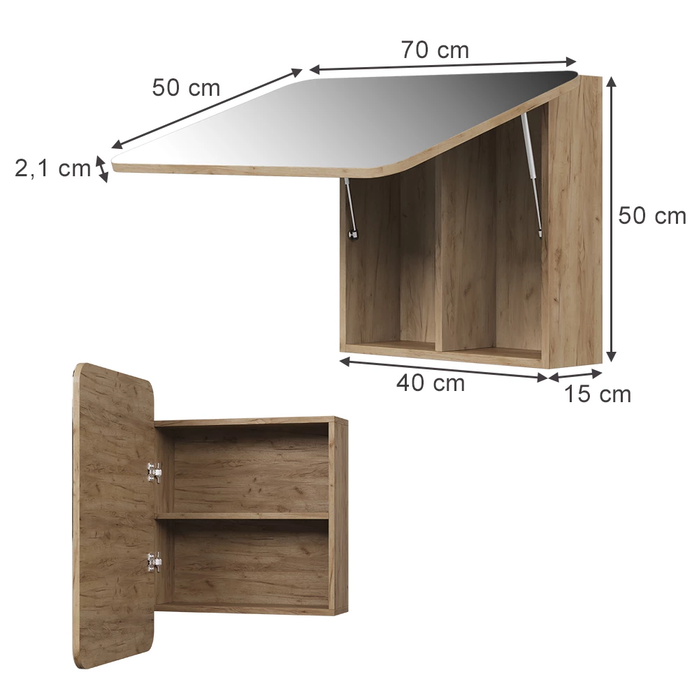 Badspiegelschrank in Goldkraft Eiche auf weißem Hintergrund mit sichtbaren Maßen