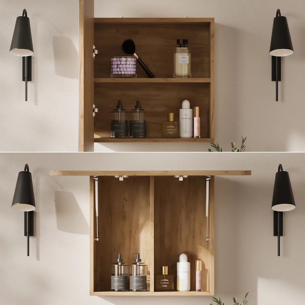 Nahaufnahme von Badspiegelschrank in Goldkraft Eiche, zeigt Design- und Oberflächendetails