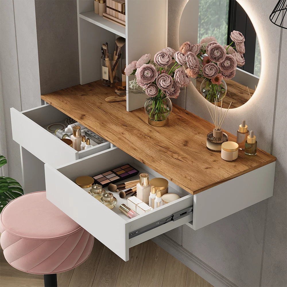 Nahaufnahme von Schminktisch in Weiß/Eiche, zeigt Textur/Details