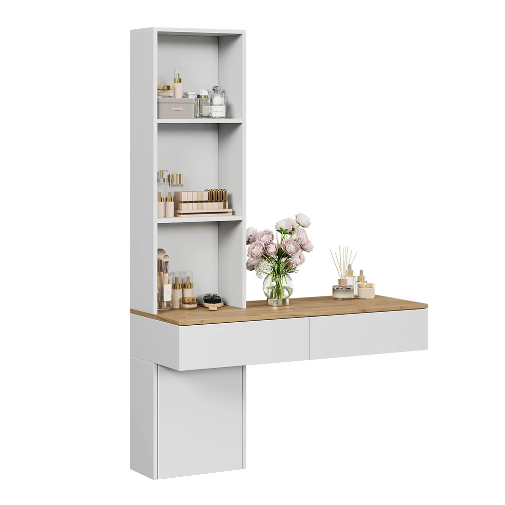 Schminktisch in Weiß/Eiche auf weißem Hintergrund mit dekorativen Elementen