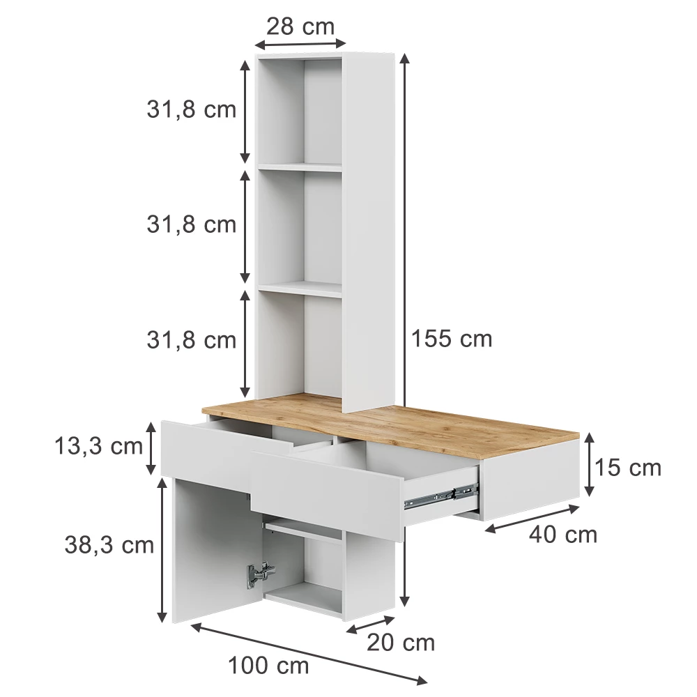 Schminktisch in Weiß/Eiche auf weißem Hintergrund mit sichtbaren Maßen