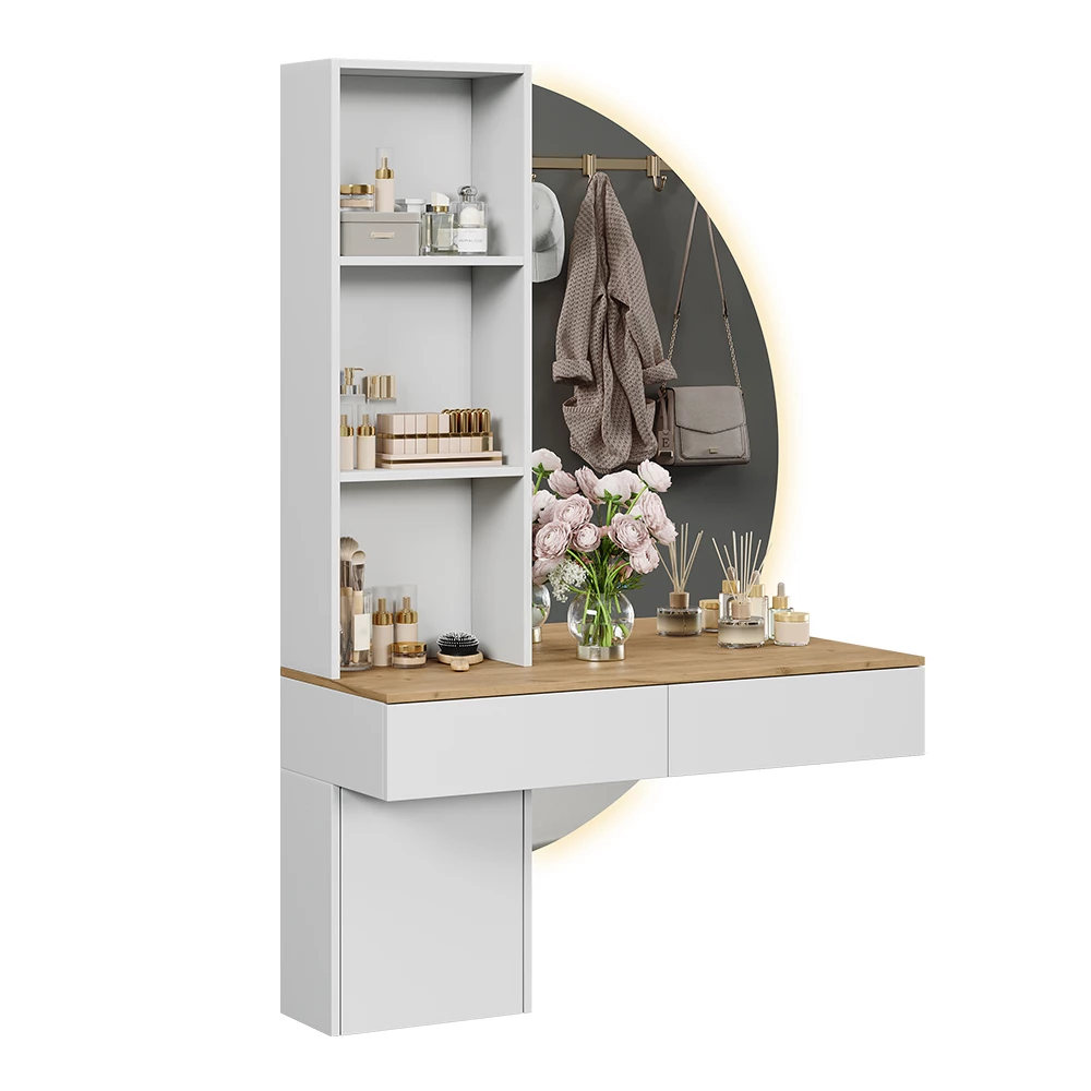 Kaptafel met licht in Wit/eiken on white background with decorative elements