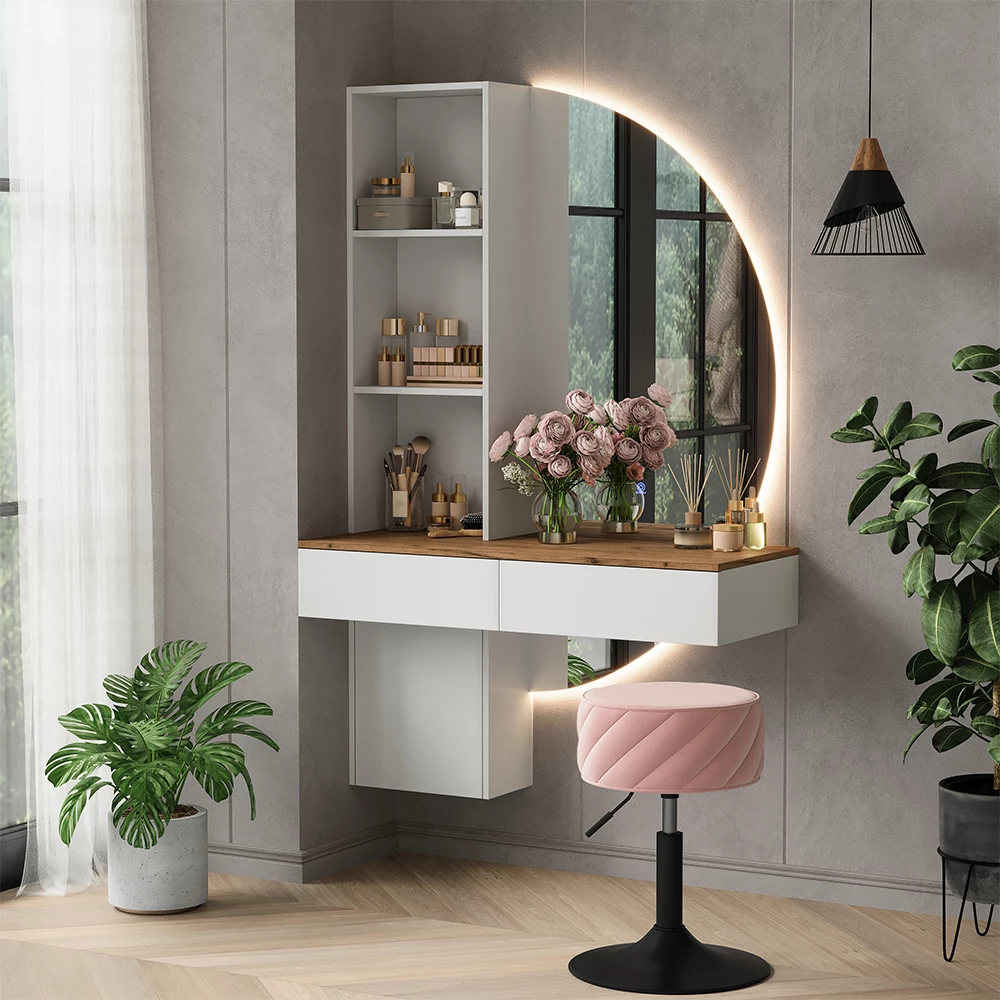 Kaptafel Melora Wit/eiken 100 cm met LED-spiegel Vicco