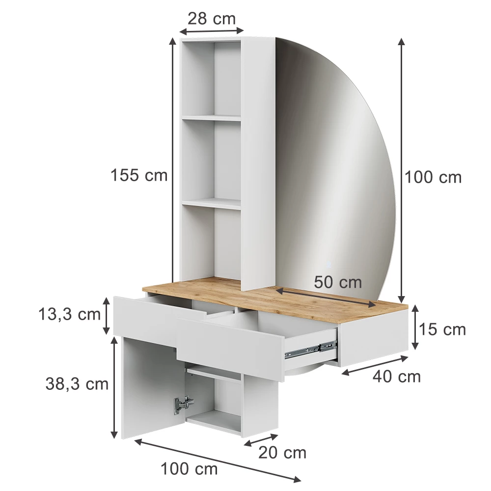 Kaptafel met licht in Wit/eiken on white background with visible dimensions